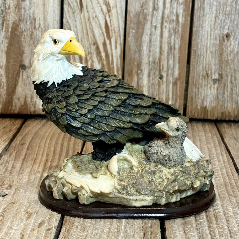 American Bald Eagle with Eaglet Sculpture on Wood Base